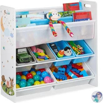 Relaxdays Relaxdays - Estanter&iacute;a Infantil, 6 Cajas Pl&aacute;stico, 4 Estantes Tela, Mueble Juguetes Animales, 78x86x26,5 Cm, Multicolor