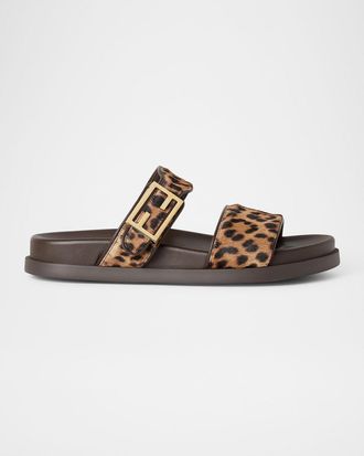 Fendi Feel Leopard Calf Hair Slide Sandals