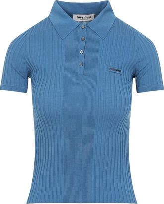 Miu Miu Polo Shirts, female, Blue, Size: XS Ribbed Knit Wool Polo