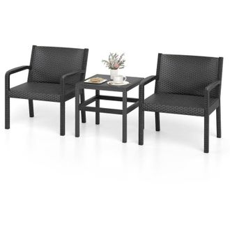 Costway Tavolino e 2 Sedie in Rattan PP da Balcone, Set Giardino con Tavolino Quadrato e 2 Poltrone, Salotto da Esterno per Bordo Piscina (Grigio)