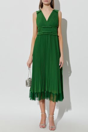 Self Portrait Pleated Dress With Lace Trim, Womens, Green