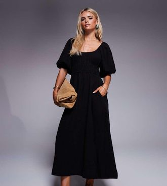 River Island Petite Vestito midi effetto lino nero con maniche a sbuffo