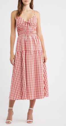 Lulus Spencer Smock Gingham Midi Dress in Red/white at Nordstrom, Size X-Small