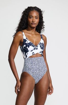 Lands End Wrap Monokini High Leg One Piece Swimsuit in White/deep Sea Navy Lilies Mix at Nordstrom, Size 12