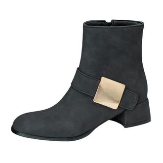Generic Womens Casual Ankle Boots Round Toe Med Block Heel With Side Zipper And Metal Decoration Everyday Short Booties