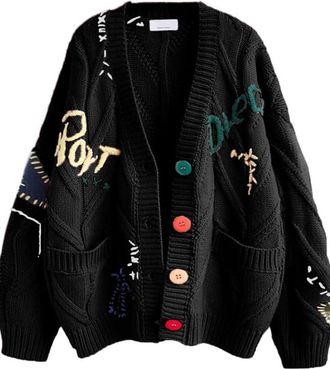 Generic Womens Cable Knit Long Sleeve Open Front Cardigan Sheep V-Neck Button Down Embroidery Wool Blend Sweater Coat Outwear (Black,One Size)