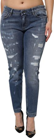 Dolce & Gabbana Womens Blue Tattered Cotton Low Waist Denim Jeans Clothing