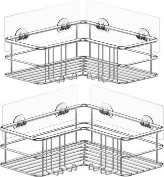 OEM Juego De 2 Estantes De Esquina Plateados Para Ducha Con Ganchos, De Acero Inoxidable, No Requieren Perforaci&oacute;n, Soporte De Pared Para Ba&ntilde;o