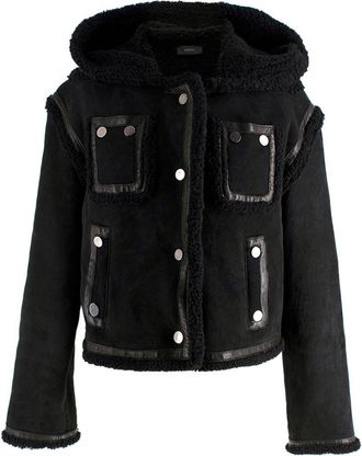 Joseph Black Shearling Hooded Biker Jacket Size S