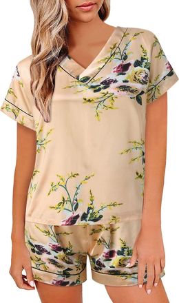 Generic Womens Cosy Pyjama Set Nightwear Loungewear Tops Women Pajamas Set Satin Sleepwear Sexy Lingerie V Neck Shirt Shorts Nightwear Homewear Silk Shorts Se