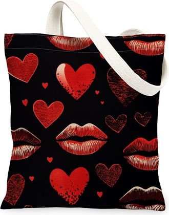 Generic Valentines Heart Canvas Tote Bags, Stylish Lips Pattern Reusable Grocery Bags, Lightweight Washable Shoulder for Travel, Shopping 13x15 Inch