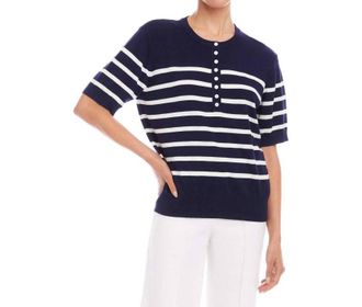 Karen Kane Henley Stripe Sweater In Navy With Off White