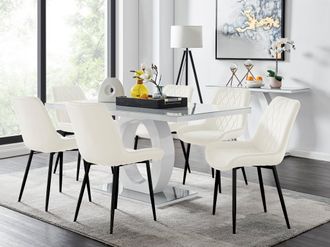 Furniturebox Giovani 6-Seater Grey Glass Dining Table & 6 Pesaro Soft Velvet Dining Chairs in Cream