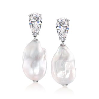 Ross-Simons Rhodium-Plated Drop Earrings With Czs and 13-14mm Cultured Baroque Pearls