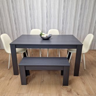 Kosy Koala Grey Dining Table with 1 Bench & 4 Diamond-Pattern Cream Chairs in Dark Grey