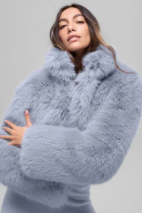 Alo | Opulent Faux Fur Cropped Jacket in Winter Frost Blue, Size: Medium