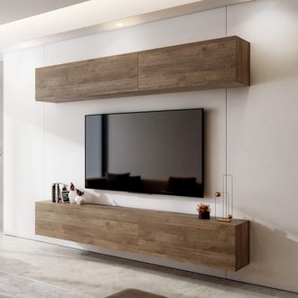 Dmora Pared Modular Suisio, Mueble De Sala Ajustable, 4 Estantes, 4 Puertas, Nogal Marr&oacute;n