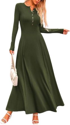 Generic Army Green,M,Knitted Dress,Knitted Dresses for Women UK,Womens Fashion Clothes,Long Sleeve Button Fit and Flare Long Flowy Dresses