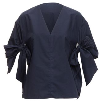 Delpozo DELPOZO navy cotton knot tie sleeves V neck relaxed top FR36A S
