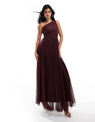Lace & Beads Bridesmaid one shoulder tulle maxi dress in plum-Purple