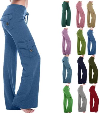 Generic Straight Leg Joggers Womens, Womens Cargo Trousers Drawstring Elastic Waist Ladies Yoga Pants with Pockets Wide Legs Flared Jogging Bottoms Casual Swe