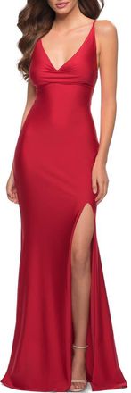 La Femme V Neck Jersey Fitted Prom Dress with Tie Up Back in Red at Nordstrom, Size 00