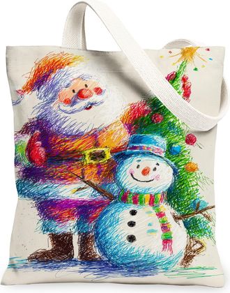 Generic Christmas Holiday Canvas Tote Bags, Festive Santa Snow Man Design Reusable Grocery Bags, Winter Lightweight Washable Should, White, 13x15 Inch