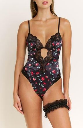 Honeydew Intimates Garden of Eden Lace Trim Satin Bodysuit & Garter Set in Dark Roses at Nordstrom Rack, Size X-Small