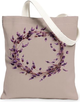 Generic Lavender Wreath Canvas Tote Bags, Elegant Floral Pattern Reusable Grocery Bags, Spring Lightweight Washable Shoulder Strap, Beige, 13x15 Inch