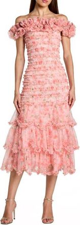 Mac Duggal Floral Off The Shoulder Ruffle Midi Dress in Blush Multi at Nordstrom, Size 8