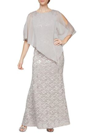 S.L. Fashions Beaded Lace & Chiffon Capelet Gown in Buff at Nordstrom, Size 10