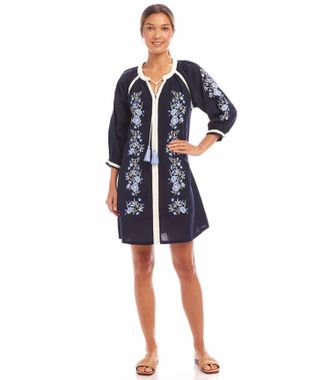 Karen Kane Basilia Blouson Sleeve Embroidered Mini Peasant Dress In Navy
