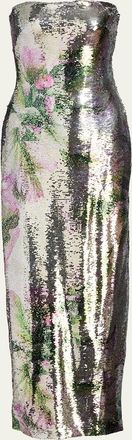 Monique Lhuillier Floral-Print Sequined Strapless Column Gown
