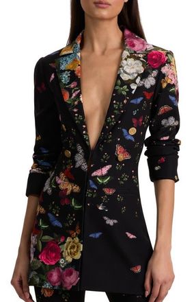 Alice & Olivia Mya Butterfly & Floral Print Blazer in Solar Strength Black at Nordstrom, Size 6