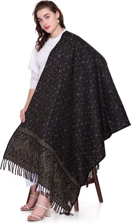 World of Shawls Timeless Paisley Wool Blend Shawl, Tibet Label, Fringed (Black)