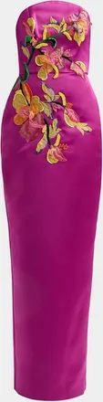 Amsale Floral Satin Strapless Column Gown