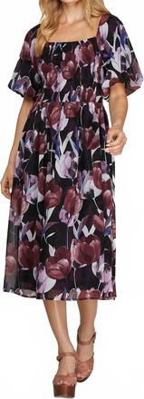 She + Sky Puff Sleeve Smocked Top Floral Print Midi Dress In Plum Floral