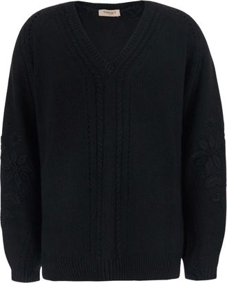 Twinset Maglione con scollo a V in tessuto tecnico - - Knitwear - Donna - Nero - XS