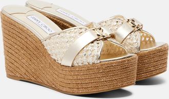 Jimmy Choo London Leda raffia-trimmed leather wedge espadrilles