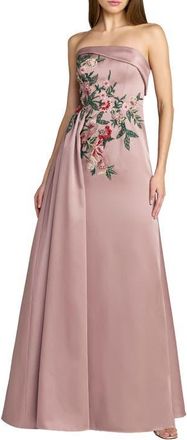 Mac Duggal Strapless Satin Beaded Floral Gown in Mocha at Nordstrom, Size 16