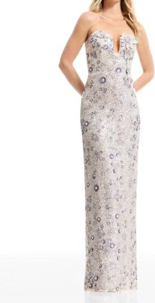Dress The Population Teresa 3D Flowers Sequin Embellished Column Gown In Silver Multi