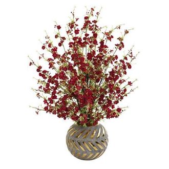 Nearly Natural 30-in Cherry Blossom Artificial Arrangement in Stoneware Vase with Gold Trimming in Red at Nordstrom