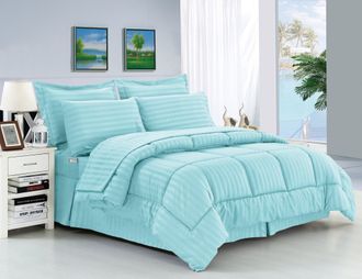 Elegant Comfort 8-Piece Dobby Stripe Comforter Set - Includes 4-Piece Sheet Set with Double Sided Storage Pockets