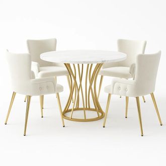 Urban Meuble Conjunto mesa redonda m&aacute;rmol blanco dorado con 4 sillas beige