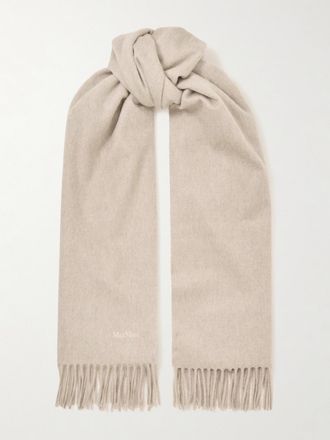 Max Mara Sciarpa In Cashmere Con Logo Ricamato E Frange Baci - Neutri