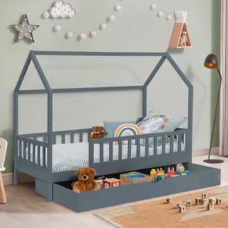 IDMarket Cama Cabina Infantil 80 X 160 Cm Neree Gris Con 1 Caj&oacute;n Nido Extra&iacute;ble Y Espacio De Almacenamiento