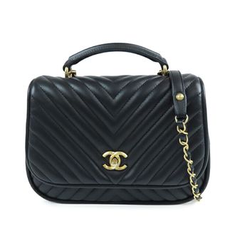 Chanel Black Medium CC Chevron Lambskin Chain Top Handle Flap