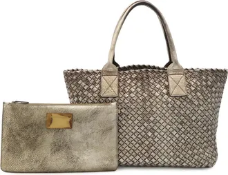 Bottega Veneta Intrecciato Gold Silver Leather Pouch Tote Bag (Pre-Owned)
