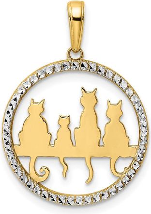 Diamond2Deal 14k Yellow Gold White Rhodium Diamond-cut Cats Sitting on Bench Pendant