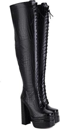Generic Fashion Womens Gold Snake Print Over-The-Knee Boots, Chunky Block Heel & Square Toe, Side Zipper Winter Thigh High Boots for Women(Black,6.5 UK)